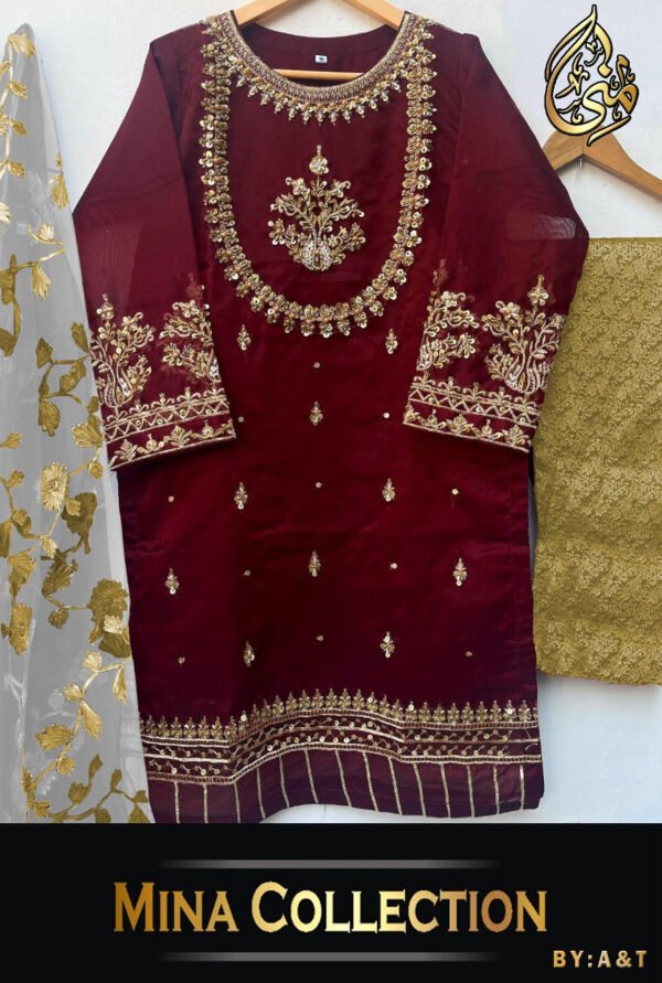 Handwork with Neck Daman Sleeves Embroidery Three Piece Suit - Image 5