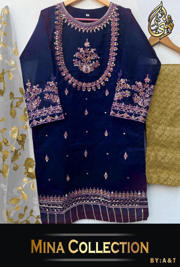 Handwork with Neck Daman Sleeves Embroidery Three Piece Suit - Image 3