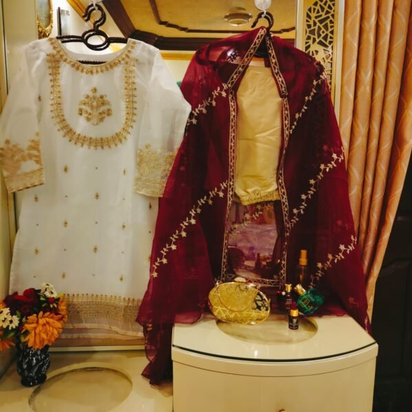 Handwork with Neck Daman Sleeves Embroidery Three Piece Suit - Image 7