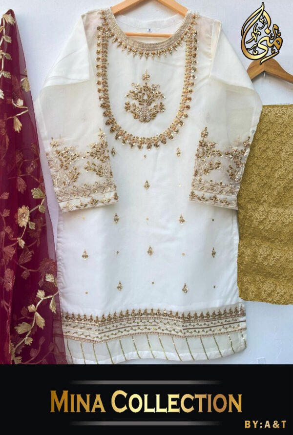 Handwork with Neck Daman Sleeves Embroidery Three Piece Suit