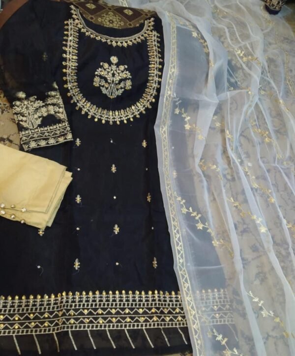 Handwork with Neck Daman Sleeves Embroidery Three Piece Suit - Image 6