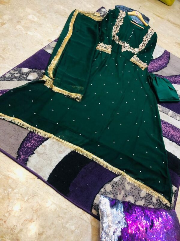 Front Embroidery With Pearls & Lace Work Three Piece - Image 2