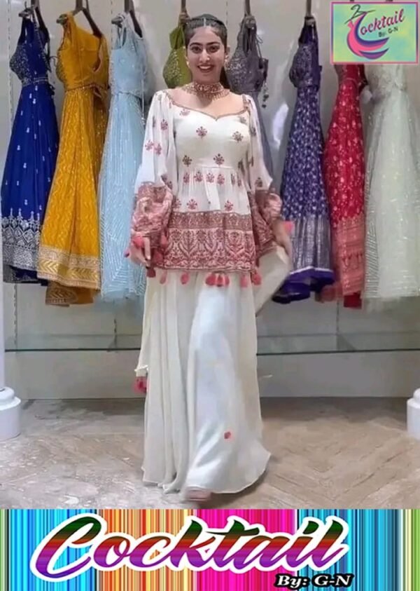 V Neck Heavy Multi Embroidered Peplum Frock With Chiffon Plazo And Emb Dupatta 3Pcs