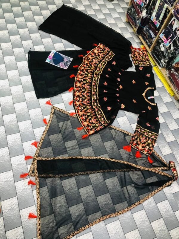 V Neck Heavy Multi Embroidered Peplum Frock With Chiffon Plazo And Emb Dupatta 3Pcs - Image 2