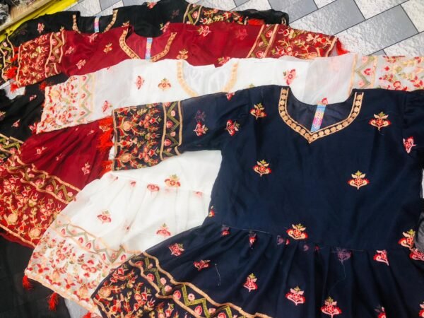 V Neck Heavy Multi Embroidered Peplum Frock With Chiffon Plazo And Emb Dupatta 3Pcs - Image 3