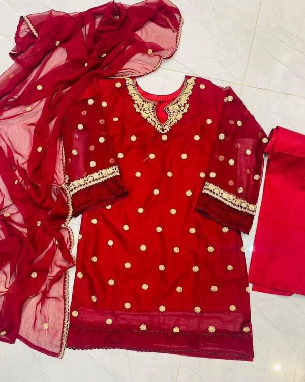 Aplic Design Embroidered With Lace Work On Sleeves And Border And Embroidery Dupatta - Image 2