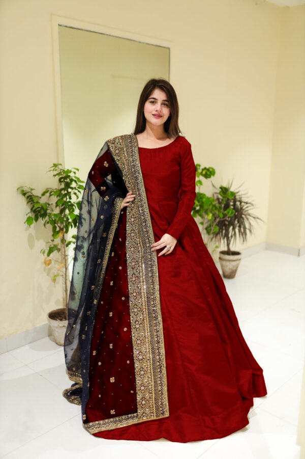 Nug Stone Handwork And Embroidery On Dupatta With Long Flair Kalli Maxi Trouser