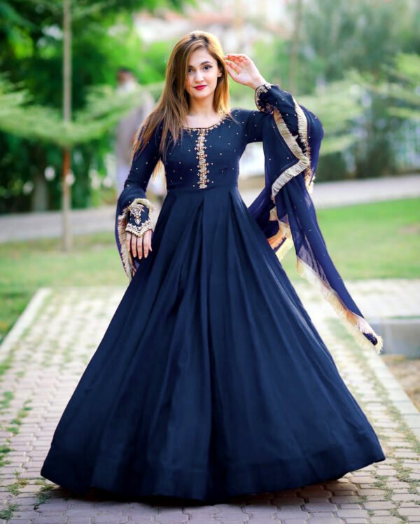 Neck,Sleeves Kaya Work Embroidered Long Maxi With Lace Work Dupatta Trouser 3Pcs - Image 3