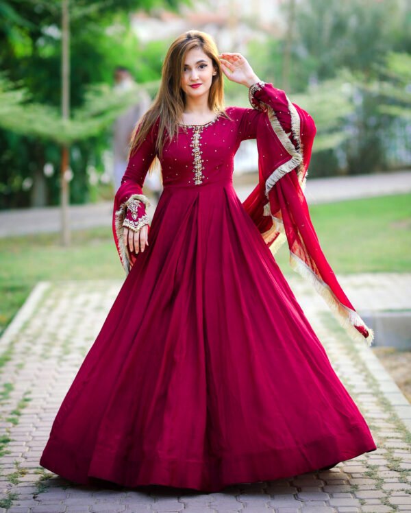 Neck,Sleeves Kaya Work Embroidered Long Maxi With Lace Work Dupatta Trouser 3Pcs