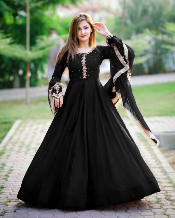 Neck,Sleeves Kaya Work Embroidered Long Maxi With Lace Work Dupatta Trouser 3Pcs - Image 2