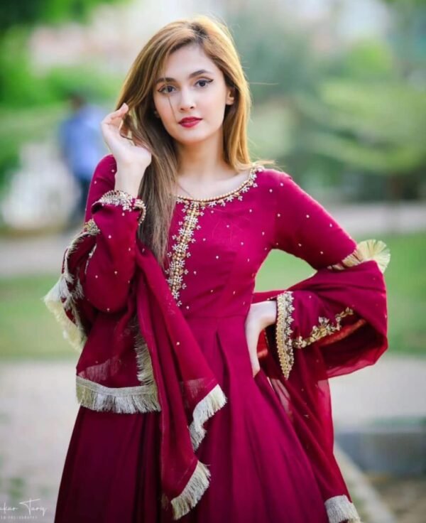 Neck,Sleeves Kaya Work Embroidered Long Maxi With Lace Work Dupatta Trouser 3Pcs - Image 5